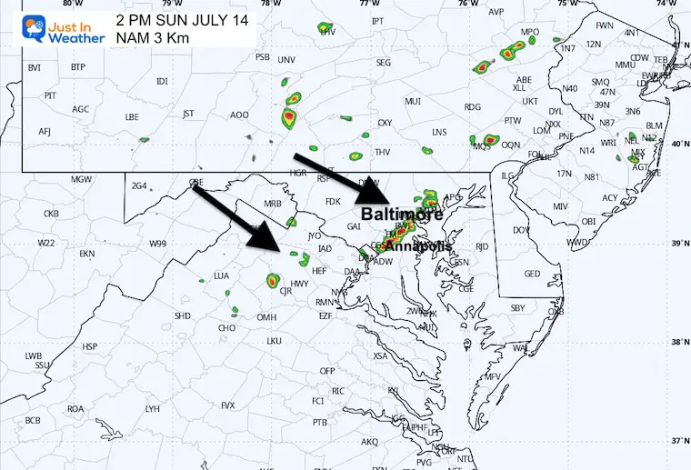 July 14 weather storm radar forecast Sunday 2 PM