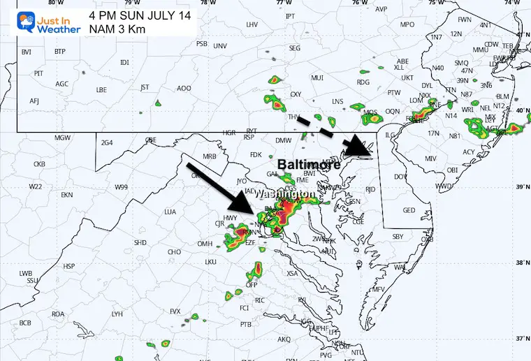 July 14 weather storm radar forecast Sunday 4 PM