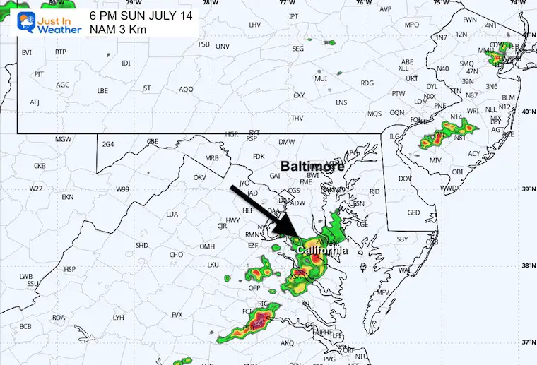 July 14 weather storm radar forecast Sunday 6 PM