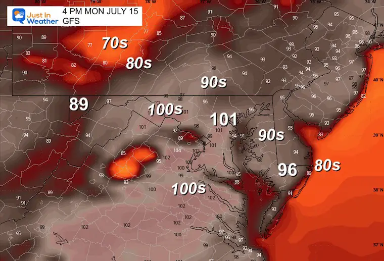 July 14 weather forecast temperature Monday afternoon