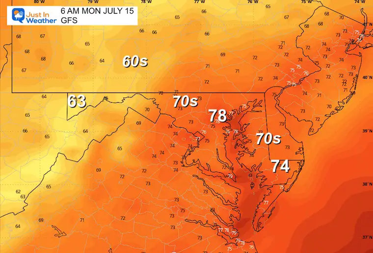 July 14 weather forecast temperature Monday morning