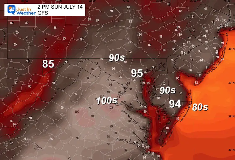 July 14 weather forecast temperature Sunday afternoon