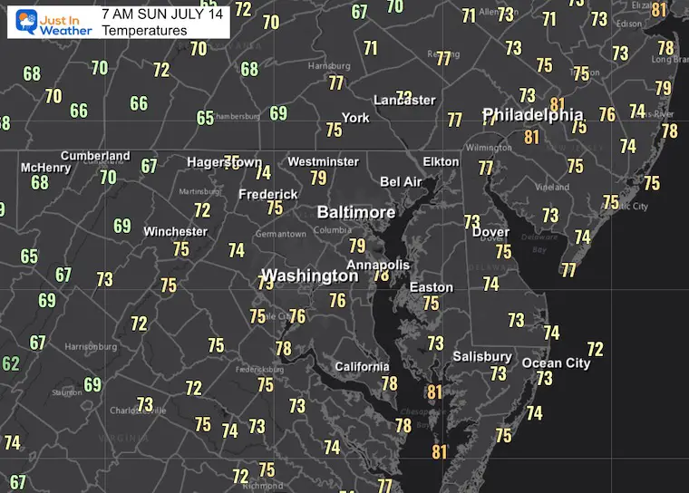 July 14 weather forecast temperatures Sunday morning