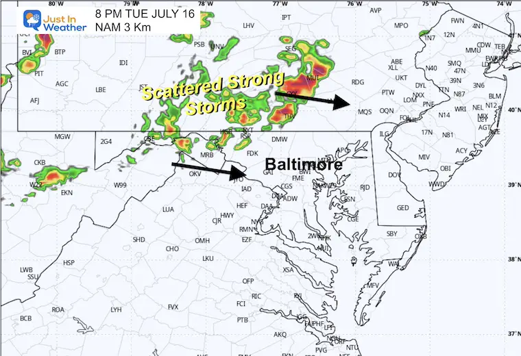 July 15 weather forecast radar simulation Tuesday evening