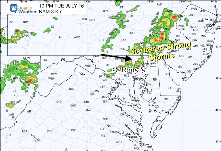 July 15 weather forecast radar simulation Tuesday night