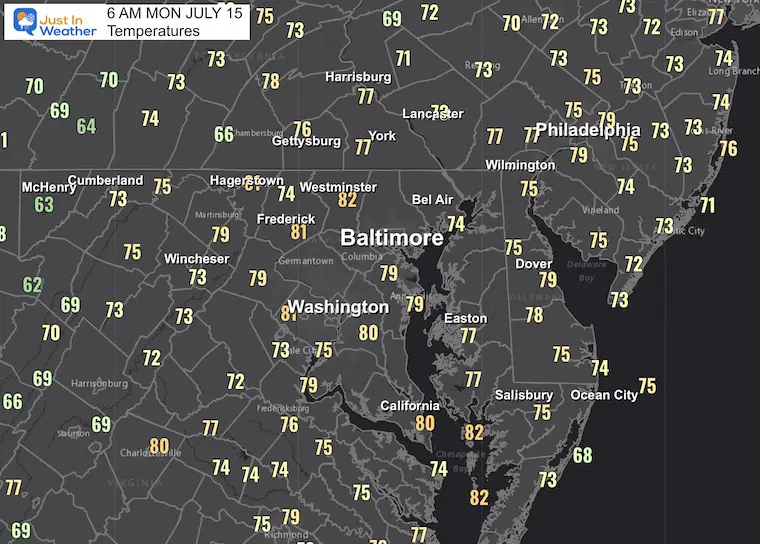 July 15 weather temperatures Monday morning