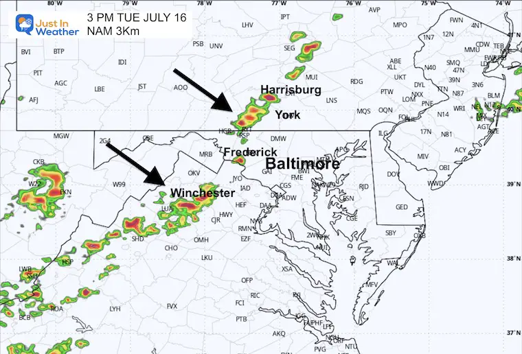 July 17 weather forecast storm radar Tuesday 3 PM