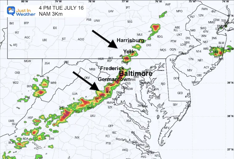 July 17 weather forecast storm radar Tuesday 4 PM