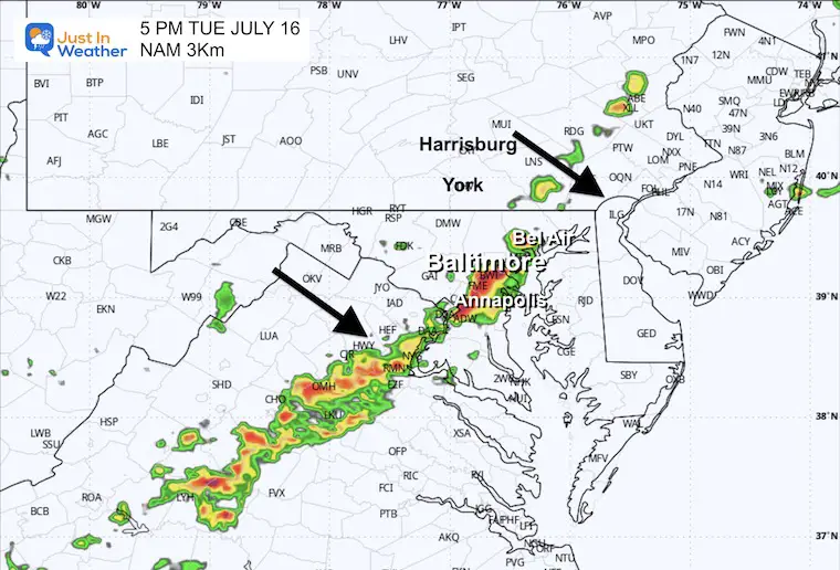 July 17 weather forecast storm radar Tuesday 5 PM