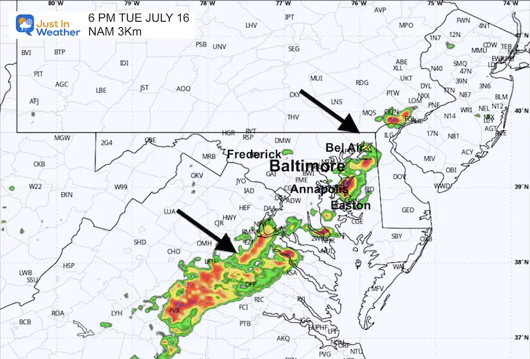 July 17 weather forecast storm radar Tuesday 6 PM