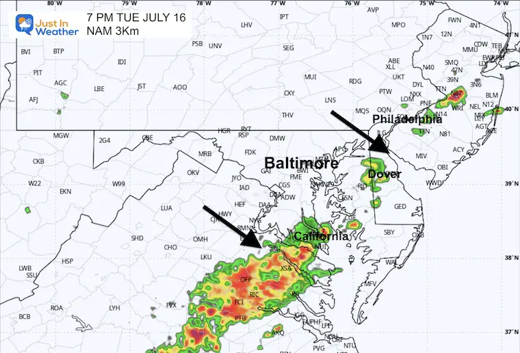 July 17 weather forecast storm radar Tuesday 7 PM