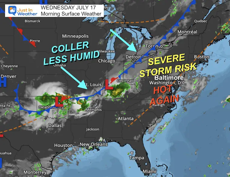 July 17 weather heat advisory and severe storm risk Wednesday