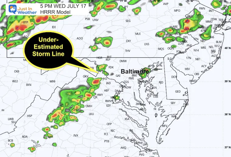 July 17 weather storm Radar forecast HRRR evening 5 PM