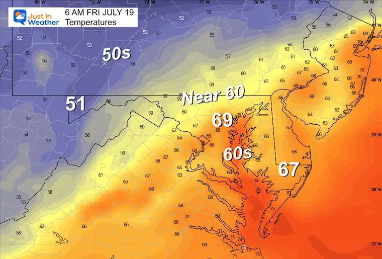 July 18 weather forecast temperatures Friday morning