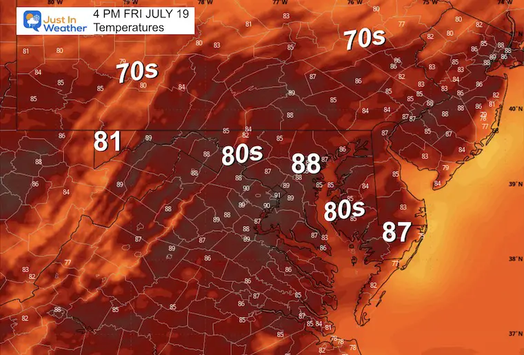 July 19 weather forecast temperatures Friday afternoon