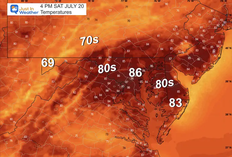 July 19 weather forecast temperatures Saturday afternoon