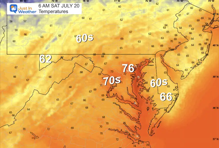 July 19 weather forecast temperatures Saturday morning 