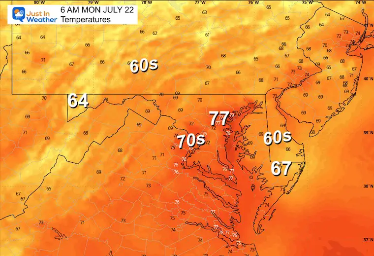 July 21 weather temperatures Monday morning