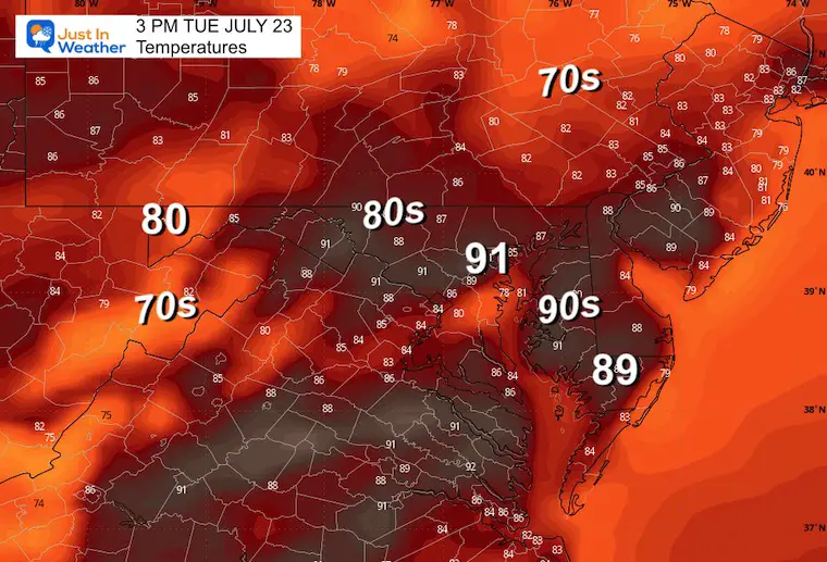 July 22 weather forecast temperatures Tuesday afternoon