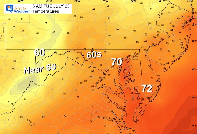 July 22 weather forecast temperatures Tuesday morning