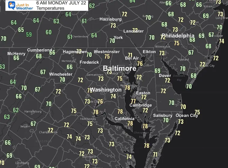 July 22 weather temperatures Monday morning