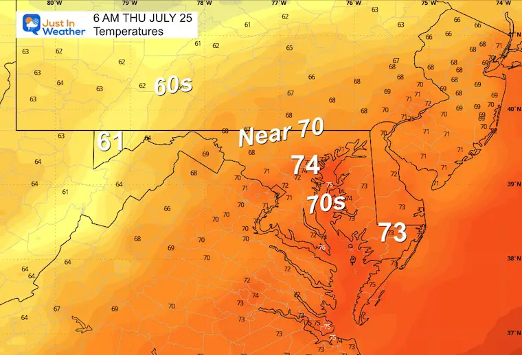 July 24 weather forecast temperatures Thursday morning