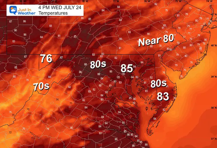 July 24 weather forecast temperatures Wednesday afternoon