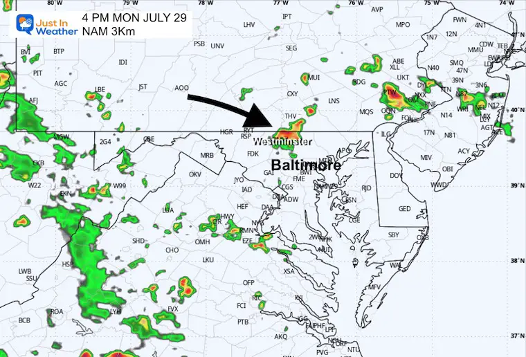 July 29 weather storm radar Monday afternoon 4 PM