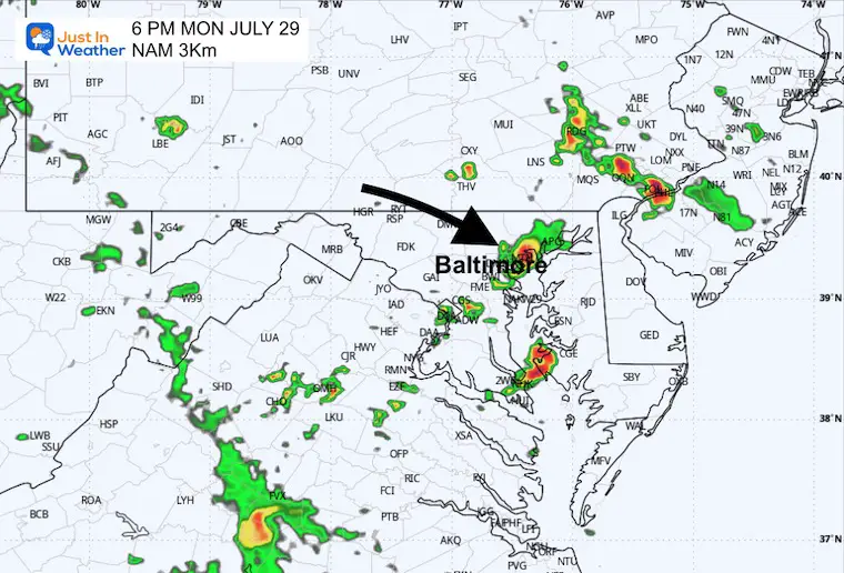 July 29 weather storm radar Monday evening 6 PM