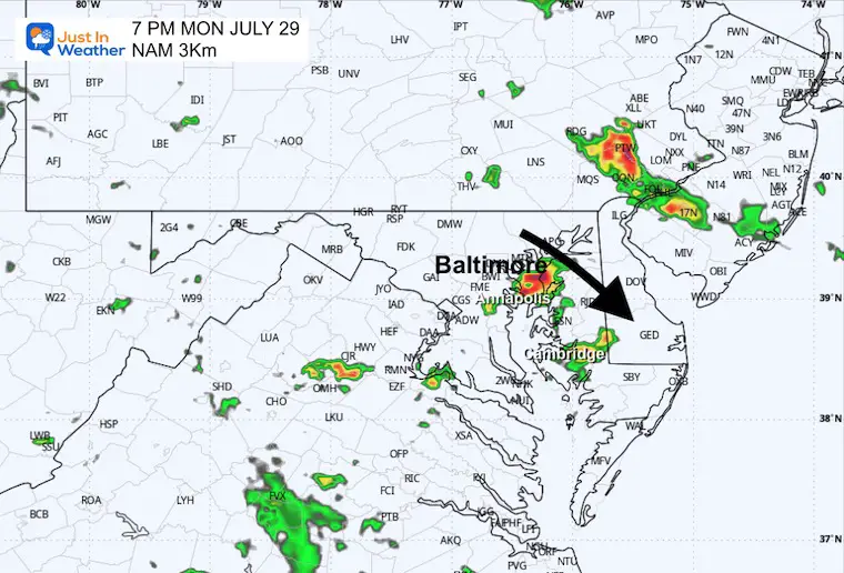 July 29 weather storm radar Monday evening 7 PM