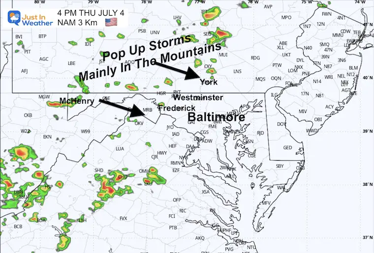 July 4 weather storm radar simulation Thursday 4 PM