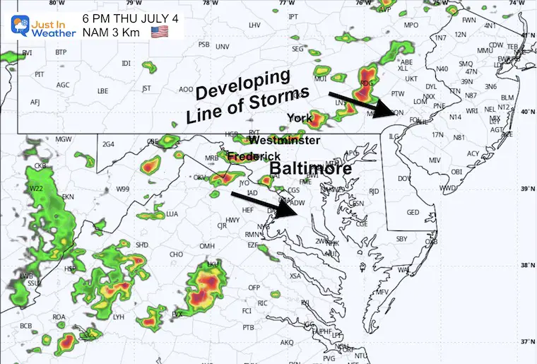 July 4 weather storm radar simulation Thursday 6 PM