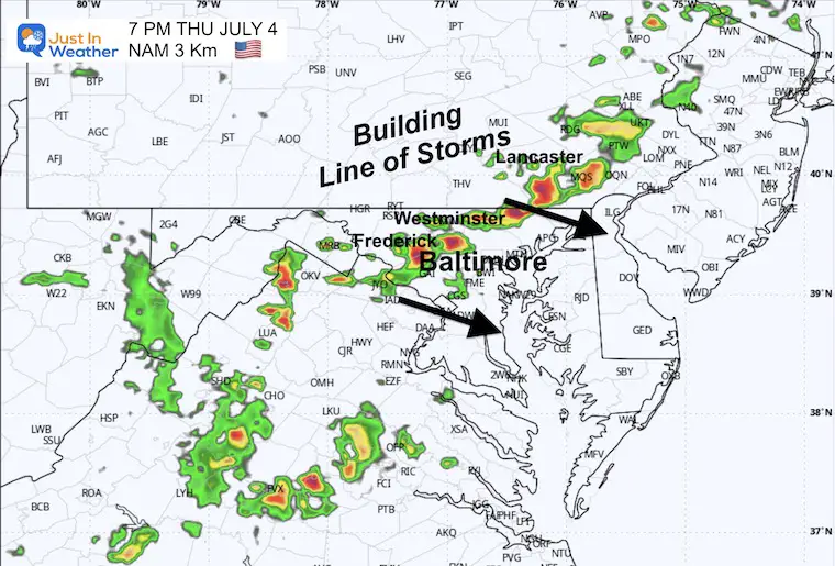 July 4 weather storm radar simulation Thursday 7 PM