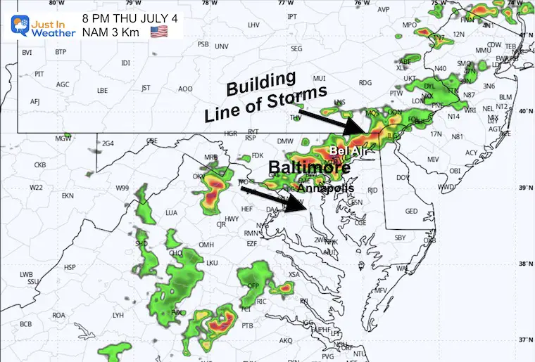 July 4 weather storm radar simulation Thursday 8 PM