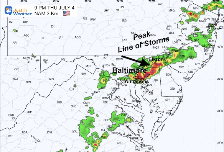 July 4 weather storm radar simulation Thursday 9 PM