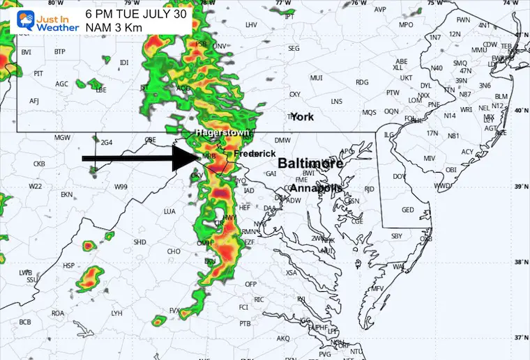 July 30 weather forecast storm radar evening 6 PM