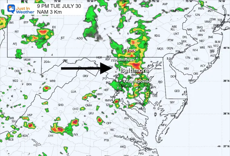 July 30 weather forecast storm radar night 9 PM