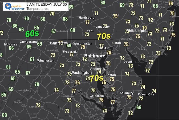 July 30 weather temperatures Tuesday morning