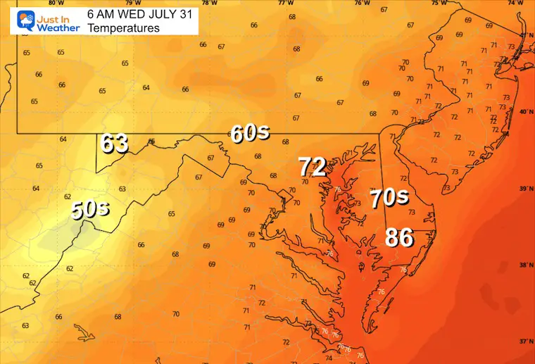 July 30 weather temperatures Wednesday morning