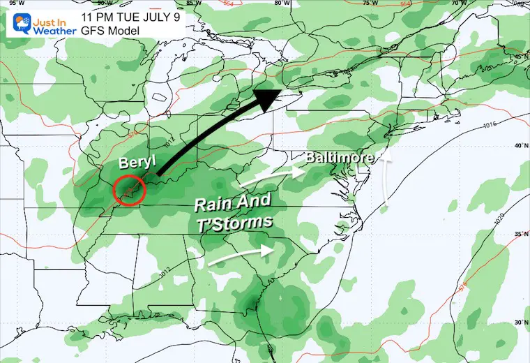 July 8 weather Beryl storm rain Tuesday Night