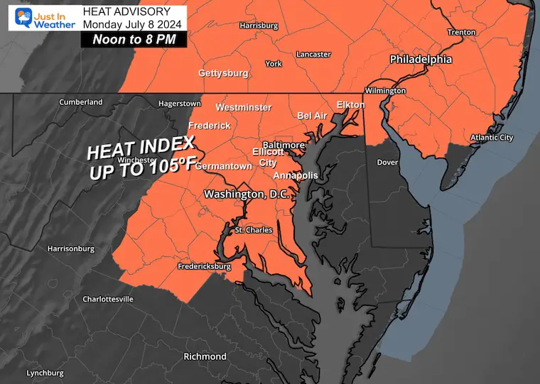 July 8 weather Heat Advisory Monday