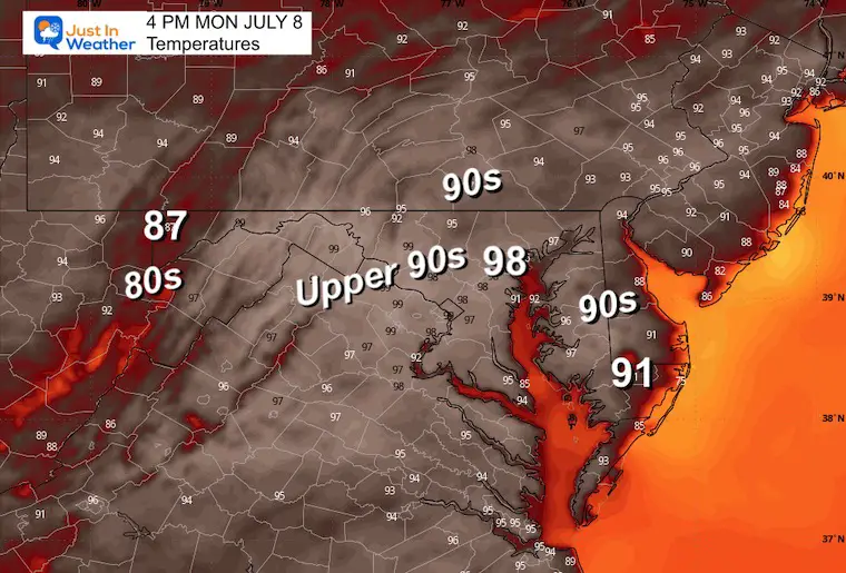 July 8 weather temperatures Monday afternoon