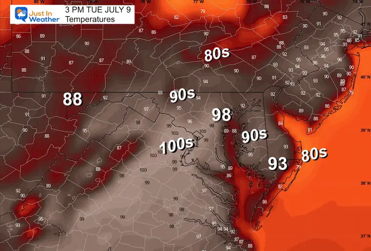 July 8 weather temperatures Tuesday afternoon