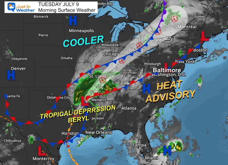 July 9 weather Tuesday morning Beryl and Heat Adventure