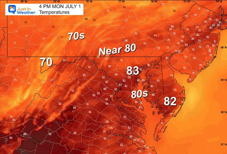 July 1 weather forecast temperatures Monday afternoon