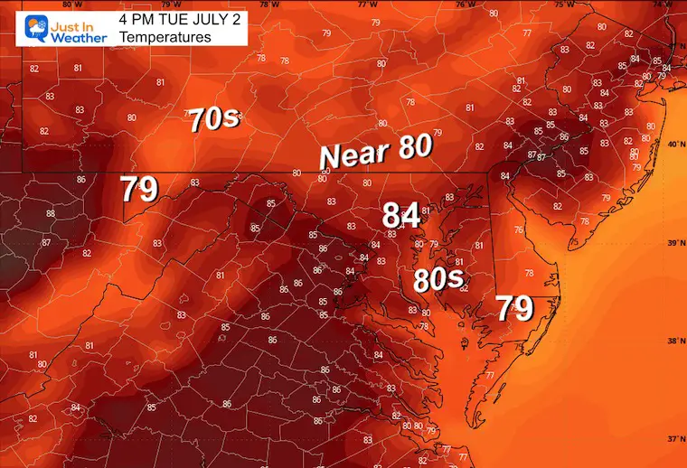 July 1 weather forecast temperatures Tuesday afternoon