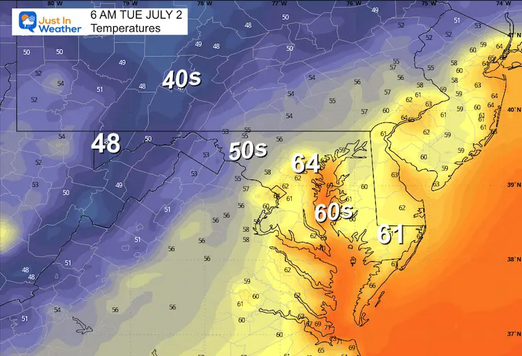 July 1 weather forecast temperatures Tuesday morning