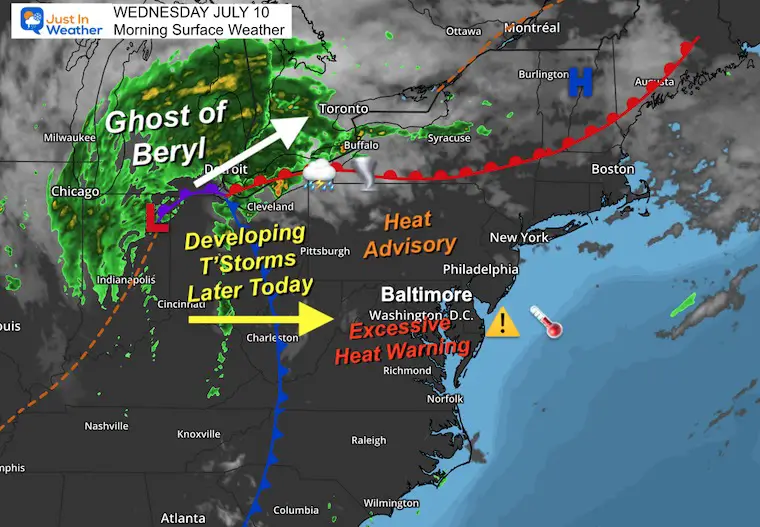 July 10 weather heat Beryl Wednesday morning