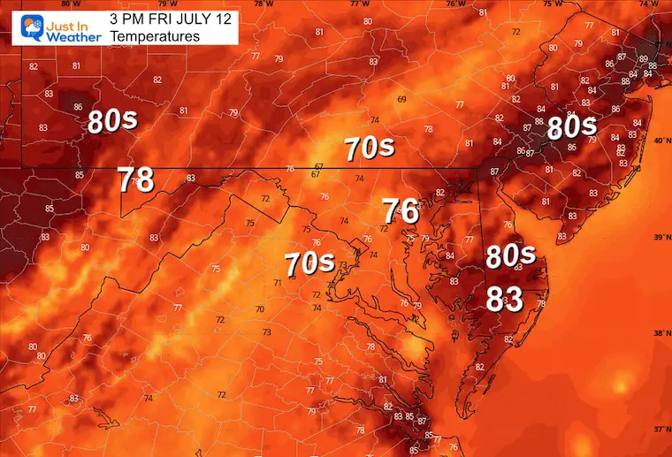 July 11 weather rain forecast temperatures Friday afternoon