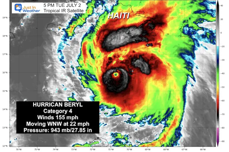 July 2 Hurricane Beryl Visible Evening IR Satellite Category 4